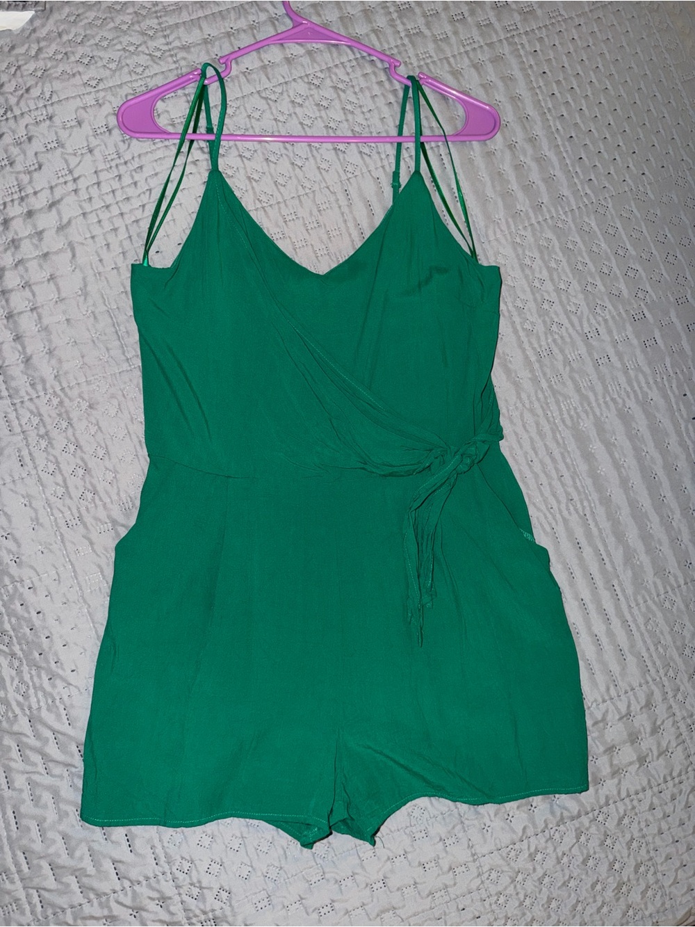 Green Women's Sleeveless Wrap Romper with pockets